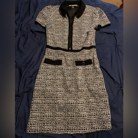 Karl Lagerfeld Black and White Sheath Mini Dress with fold over pointed collar - Picture 4 of 10